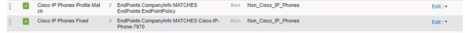 Machine generated alternative text:Cisco IP Phones Profile Mat Cisco IP Phones Fixed Endpoints:companylnfo MATCHES Endpoints-EndPointPoIicy Endpoints:companylnfo MATCHES Cisco-IP- Phone-7970 then then Non Non Ci sco Ci sco IP Phones IP Phones 