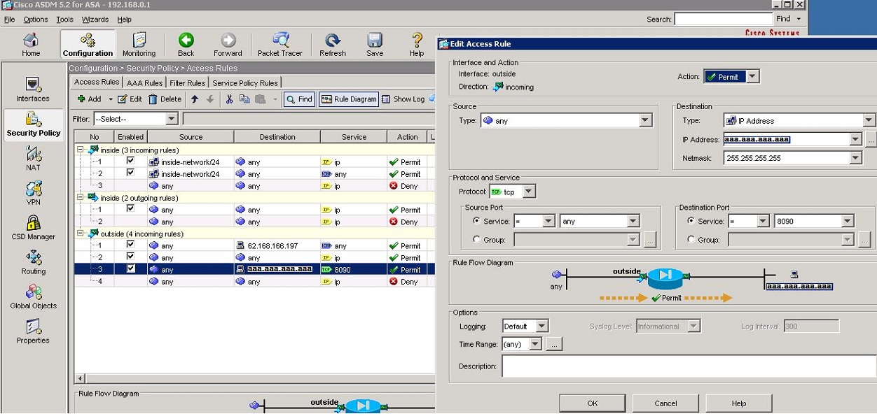 cisco asa asdm port forwarding on version 6.2