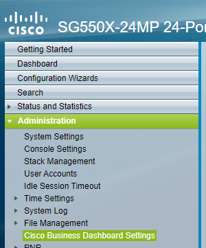 Cisco Business Dashboard Settings in Menu