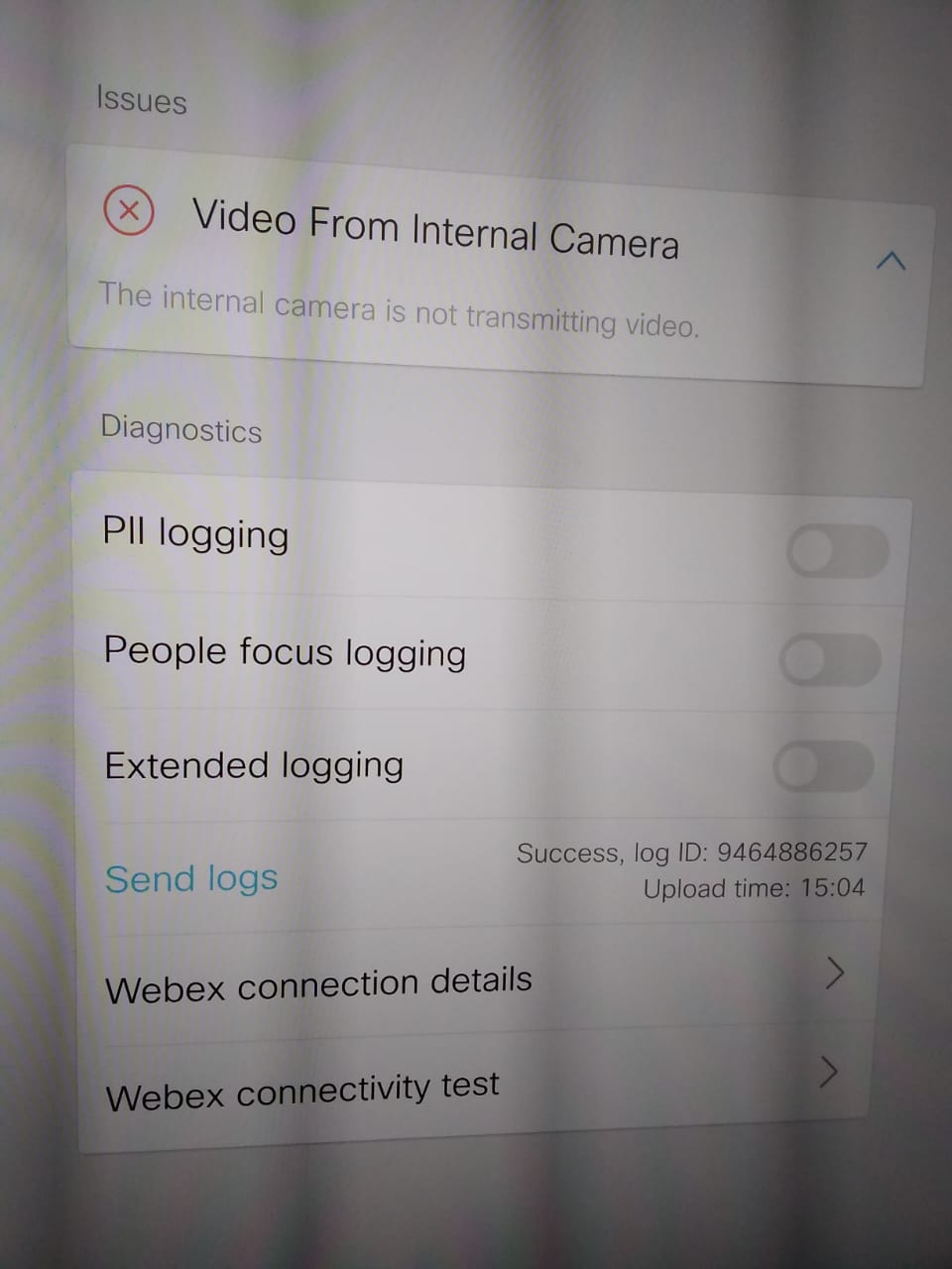 the internal camera is not transmitting video( Cisco webEx Board 55S