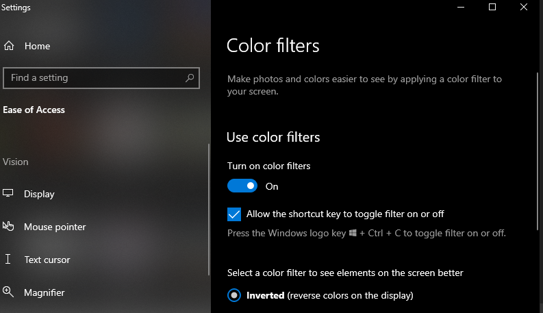 Inverting Colors on Windows 10 using Color Filters and Magnifying App