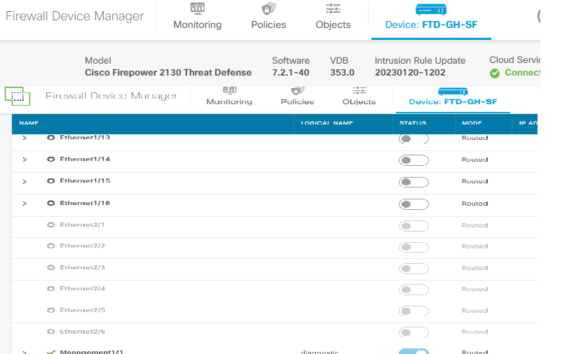 Cisco FPR 2130 network module is grayed cannot manage in version 7.2