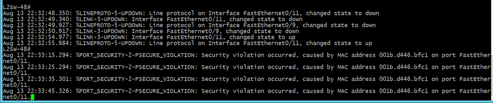 F0/11- port violation caused, Secure restict mode implemented.