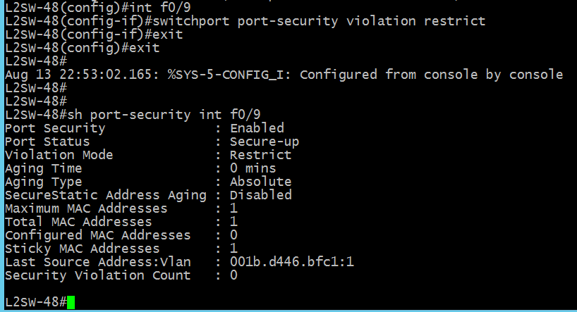 F0/11-port violation restrict mode up, port not shutdown.