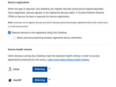 Duo Desktop settings for device registration and health checks