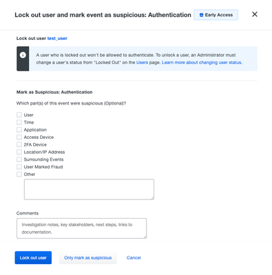 Options to lock out user and mark event as suspicious authentication