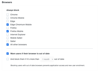 The Browsers section of Policies now lists Edge Chromium Mobile and Firefox Mobile