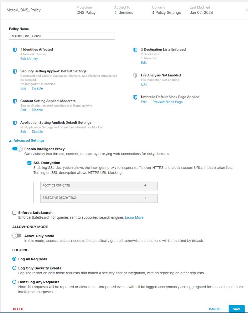 Configuração política DNS - Habilitando Intelligent Proxy