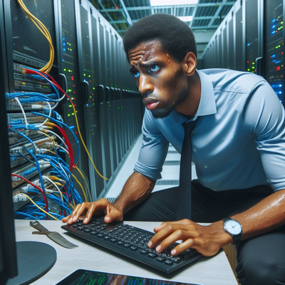 create a black network engineer inside a datacenter starring at the computer trying to unders.png