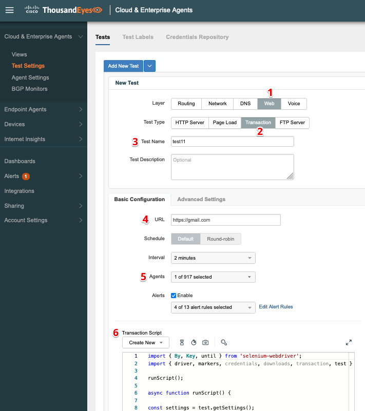 An example screenshot of the Test Settings page, with numeric indicators of the sections involved