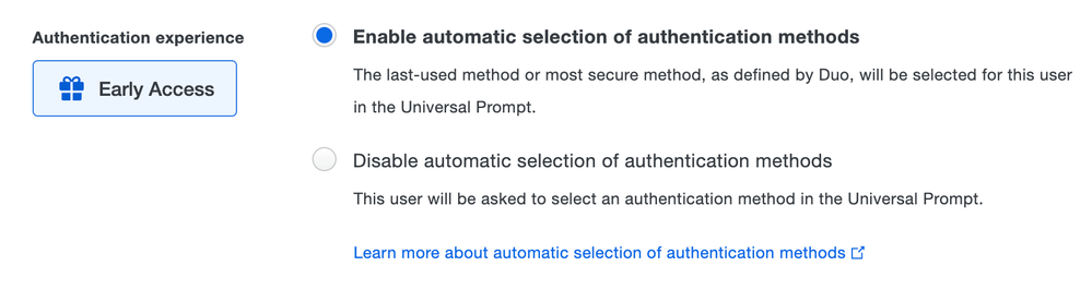 The authentication experience setting offers options to enable or disable automatic selection of authentication methods.