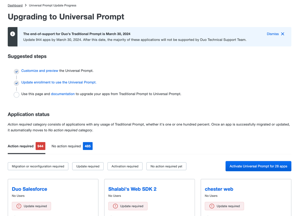 The Universal Prompt Progress report now shows Action required and No action required tabs.