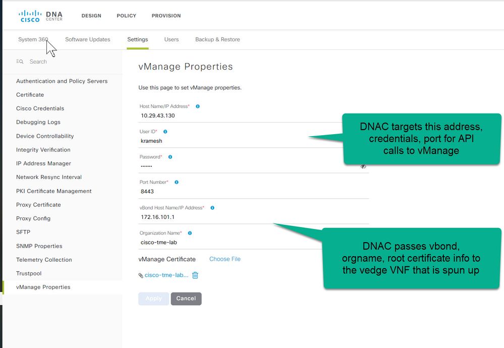 vManage info in DNAC settings