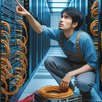 create a network engineer on of a rack trying to find a cable. Inside the datacenter there ar.png