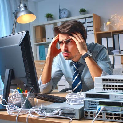 create a network engineer sittings at his desk. He's scractching his head. He look in doubt a.png