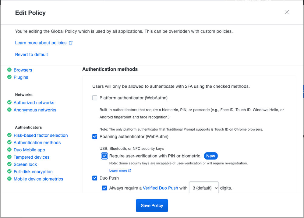 The authentication methods section of Policies now shows the option to require user verification with PIN or biometric.