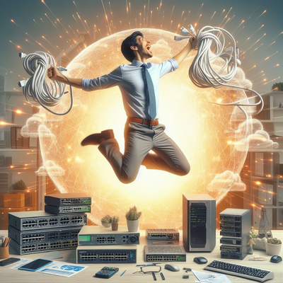 create a network engineer jumping of happiness. He's holding a network cable. There a routers.png