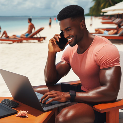 a network engineer sitting at the beach using his laptop to work from home. He seems relaxing.png a network engineer sitting at the beach using his laptop to work from home. He seems relaxing.png
