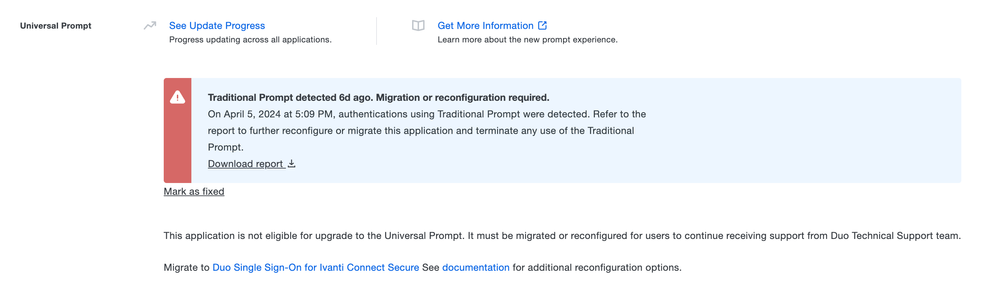 Applications in the Remediate filter will show an alert banner in the Universal Prompt section on their individual application details page.