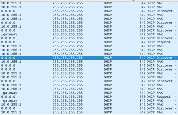 inter-vlan packet leakage and dhcp transactions. This happens on a wireless network that is bound to vlan 3, so the 10.0.255.1 packets should not appear here at all. This list of packets occurs after reconnecting and eventually stops...