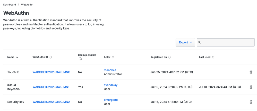 The 2FA Devices > WebAuthn page has been updated for clarity.