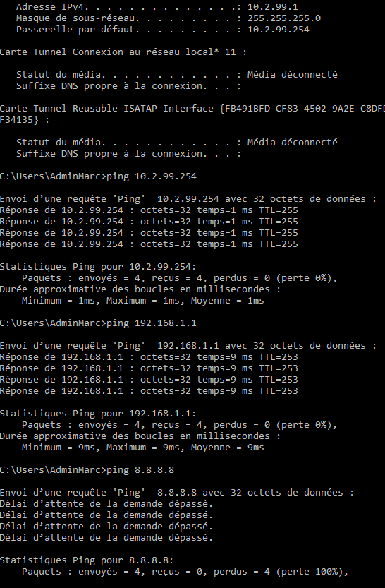 Ipconfig pc, ping from pc to gateway, ping to ASA Gi1-1, and ping to Google DNS.PNG