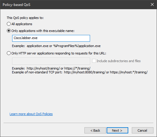 Select "Only applications with the executable name:" and type in "CiscoJabber.exe".  Then click next.