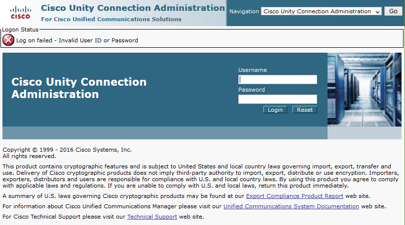 CUC Administration - Log in failure