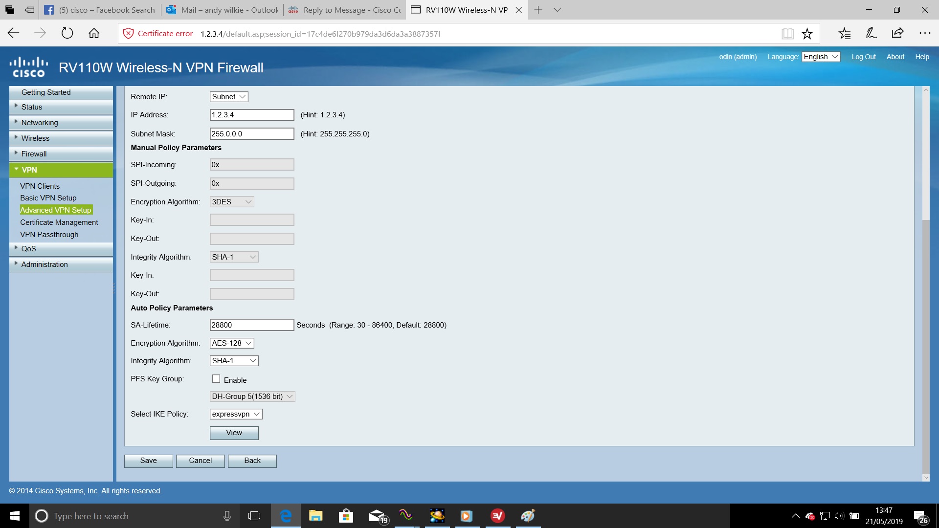 IPSec SA Not Established 2 ROUTER RV110W Cisco Community