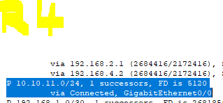 10.10.11.0 connected to R4 with feasible distance