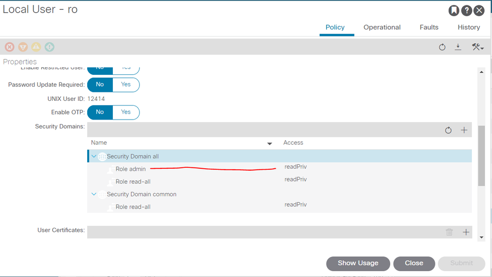 Domain "all" having role "admin" with "read" privileges