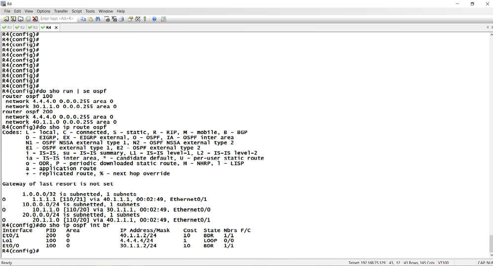 and On R2 i have advertise 4.4.4.4 (Loopback1) in OSPF 100 and OSPF 200, and where 4.4.4.4 has advertised in only OSPF 100.