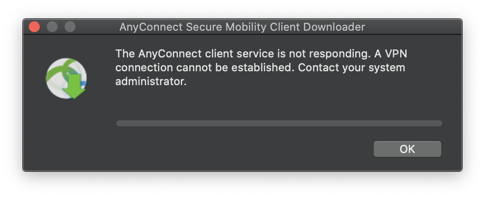 Screenshot of the VPN service not available error on macOS Catalina