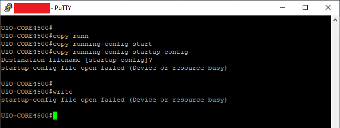 4500 Switch can't do copy running-config startup-config (Device or resource  busy) - Cisco Community