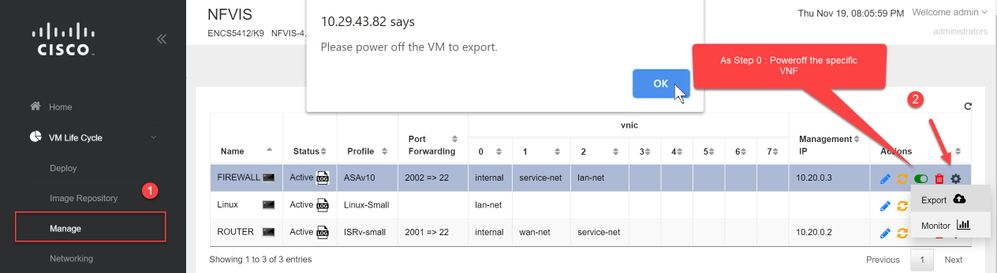 Select VNF Export for subsequent Import