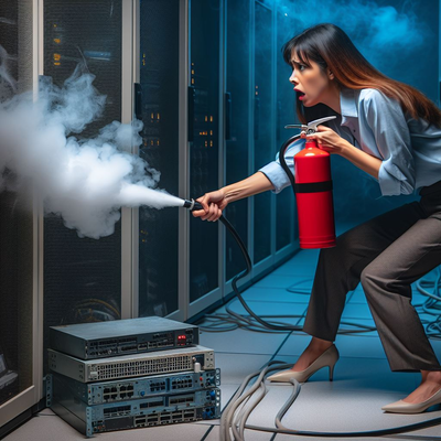 create a network engineer grabbing an extinguisher aiming at a router. There is smooke leavin.png