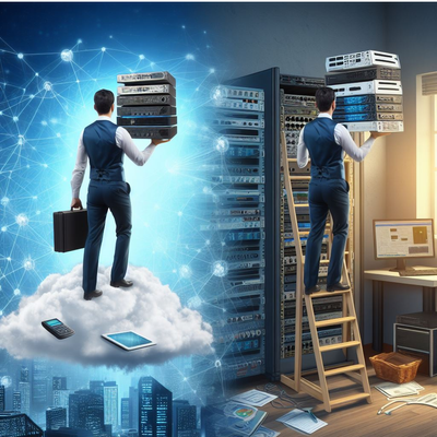 create an image with two sides. On one side there is a network engineer carrying different ro.png